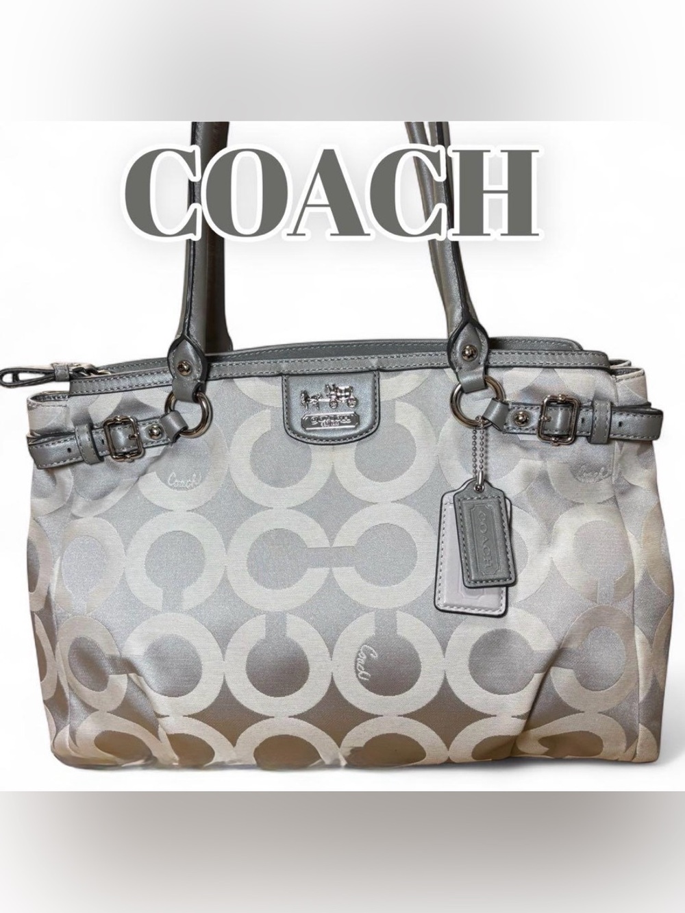 Coach Madison Op Art Kara Carryall Handbag 2012 Silver & Grey w 2-Hangtags - GUC